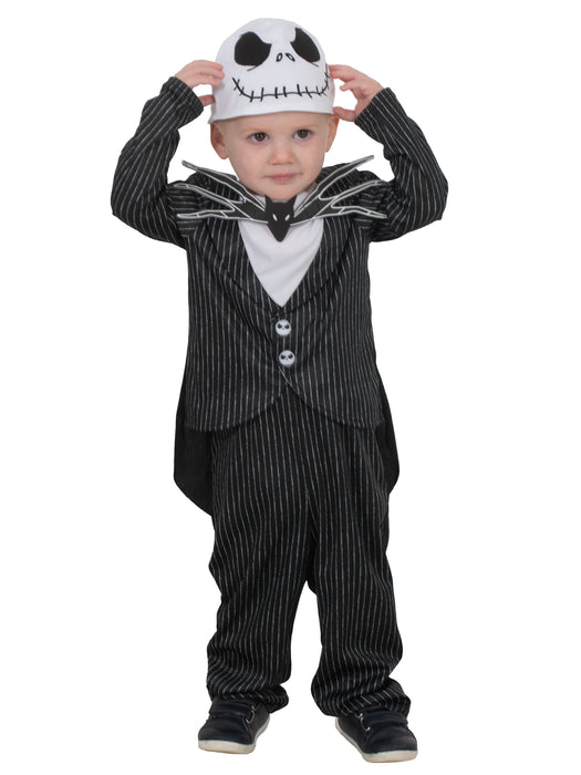 Front view of Jack Skellington toddler costume showing jacket tails and white skeleton-face headpiece
