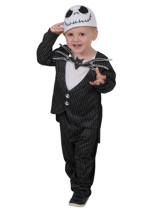 Jack Skellington toddler costume with black pin-striped jacket and pants, attached character bow tie and skeleton-face beanie