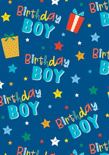 Blue Birthday Boy folded gift wrap with colourful lettering, smiling stars and wrapped presents