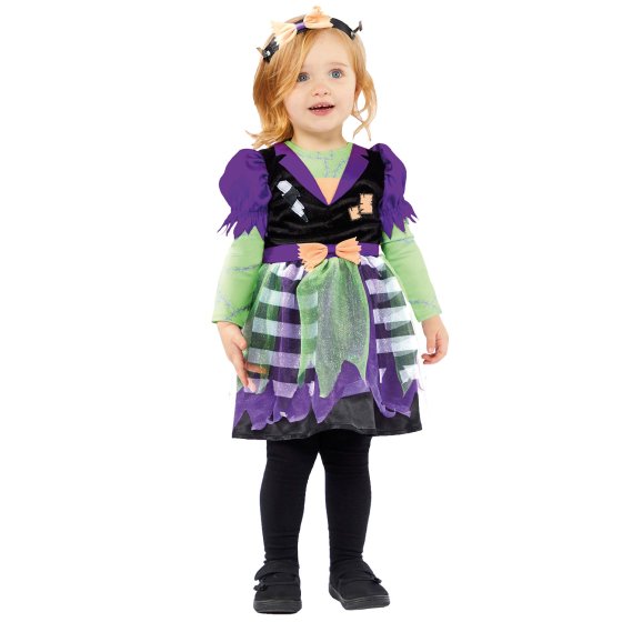 Little Miss Frankie purple, green and black Halloween dress and headband, front view