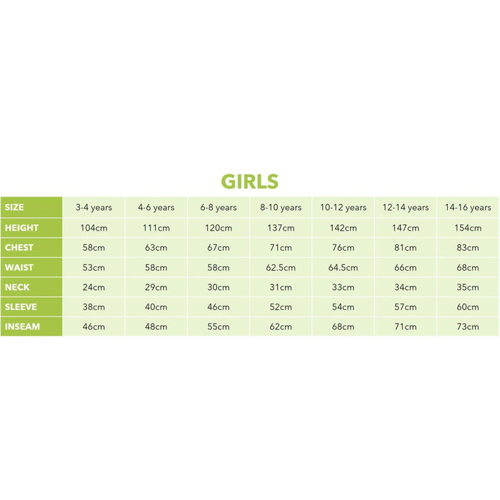 Girls’ size chart: 6–8 years height 120 cm, chest 67 cm and waist 58 cm