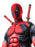 Close-up of the Deadpool costume's red-and-black printed snood and upper bodice; the displayed swords are sold separately.