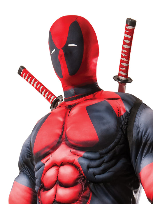 Close-up of the Deadpool costume's red-and-black printed snood and upper bodice; the displayed swords are sold separately.