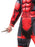 Close-up of the Deadpool costume's red-and-black printed muscle bodice, arm detail and printed belt.