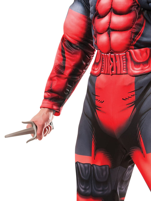 Close-up of the Deadpool costume's red-and-black printed muscle bodice, arm detail and printed belt.