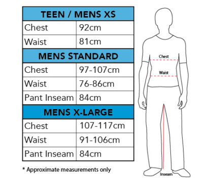 Rubies adult costume size chart: Men's Standard chest 97–107 cm, waist 76–86 cm and 84 cm inseam; measurements are approximate.