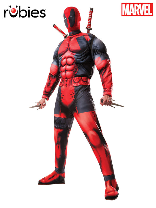 Full-body view of the red-and-black Deadpool Deluxe costume, showing the printed muscle jumpsuit and attached boot tops; weapons sold separately.