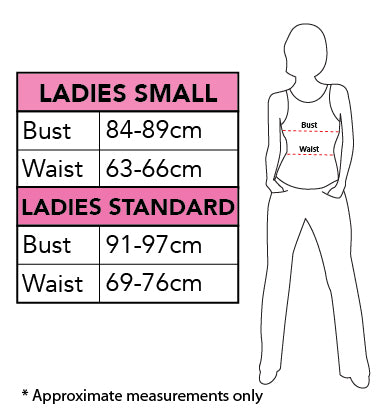 Rubies ladies costume size chart for Standard: bust 91–97 cm and waist 69–76 cm; Small measurements are also shown