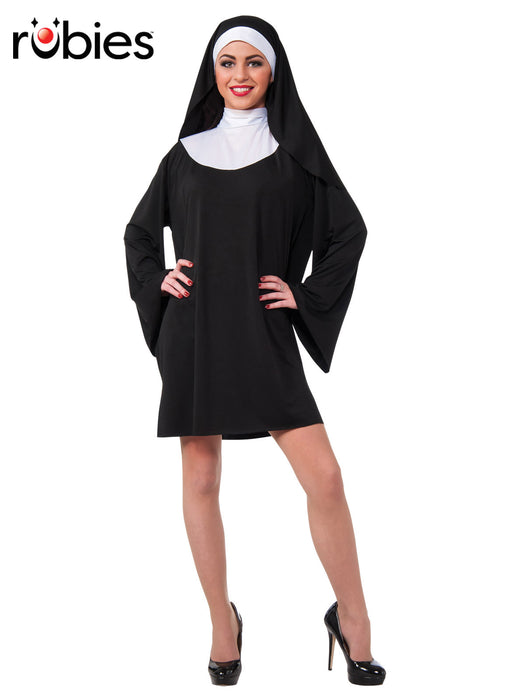 Adult model wearing a black-and-white nun costume with a white collar and headpiece beneath a black veil