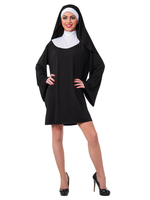 Front view of the Rubies adult nun costume, showing its black dress and contrasting white headpiece