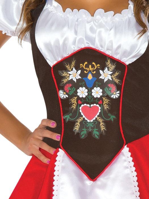 Beer Garden Babe adult costume showing brown floral bodice, white blouse and red skirt