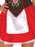 Beer Garden Babe adult costume with red skirt, brown floral bodice and white apron detail