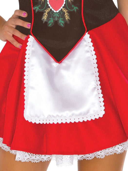 Beer Garden Babe adult costume with red skirt, brown floral bodice and white apron detail