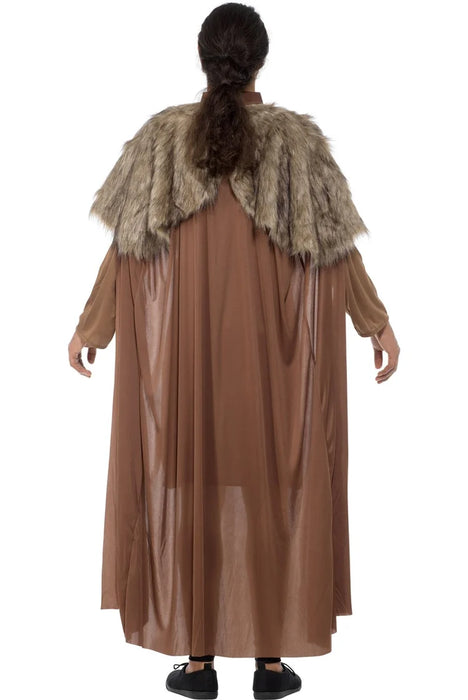 Back view of brown Medieval Knight costume showing a long cape and shaggy fur-look shoulder detail