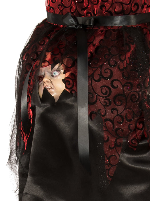 It's Time red and black costume showing stuffed belly and plastic evil baby face through skirt