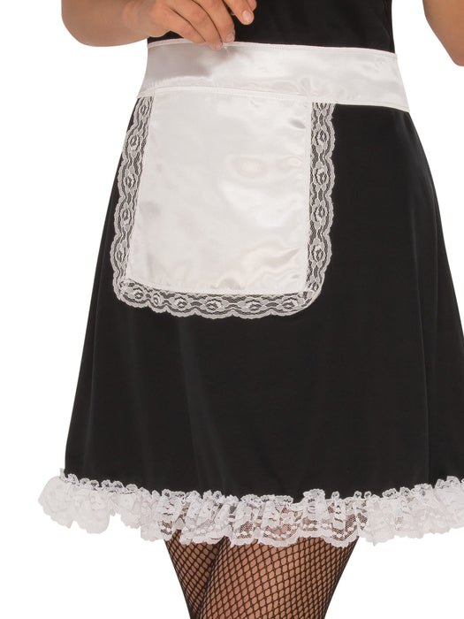 French Maid Costume Adult Large - close-up detail of white lace-trimmed apron on black dress
