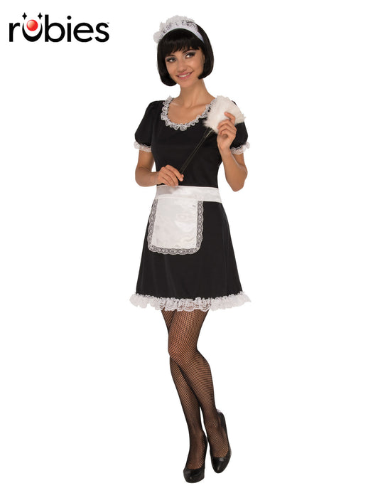 French Maid Costume Adult Large - full length front view showing black mini dress with white lacy collar, cuffs and hemline, white apron and lace headband