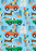 Light blue folded gift wrap with party dogs, orange and green cars, balloons and presents