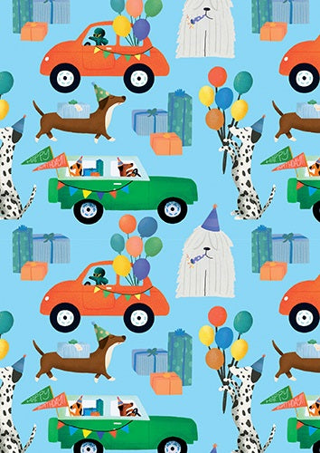 Light blue folded gift wrap with party dogs, orange and green cars, balloons and presents