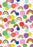 White folded gift wrap patterned with colourful rainbows, balloons and small dots