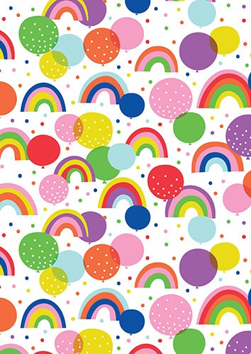 White folded gift wrap patterned with colourful rainbows, balloons and small dots