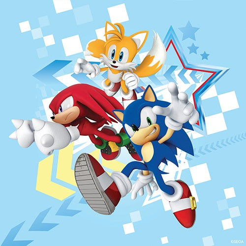 Sonic the Hedgehog paper napkin featuring Sonic, Tails and Knuckles on a light blue background with stars and chequered details