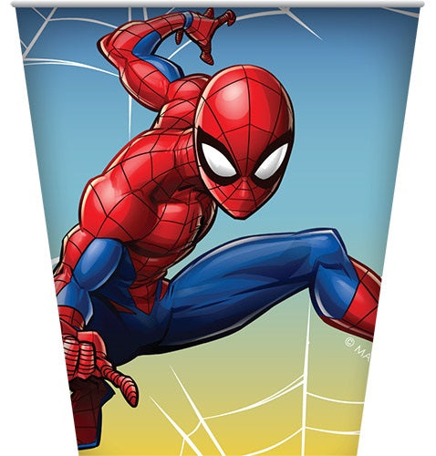Spider-Man paper cup with Spidey in action on a blue and yellow web-patterned background