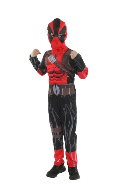 Front view of red and black Deathpool Assassin costume with jumpsuit and hooded mask