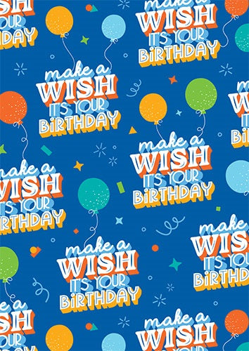 Blue folded gift wrap with Make a Wish It's Your Birthday lettering and colourful balloons