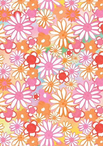 Bright floral folded gift wrap with pink, orange, red and white daisies and flowers