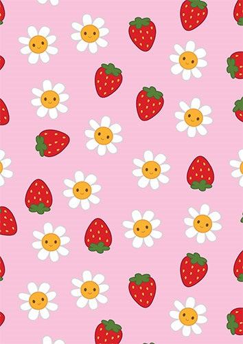 Pink folded gift wrap with red strawberries and smiling white daisies with yellow centres