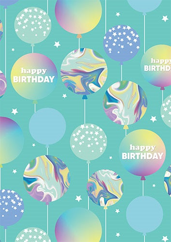 Turquoise folded gift wrap with pastel rainbow, marbled and star-patterned birthday balloons