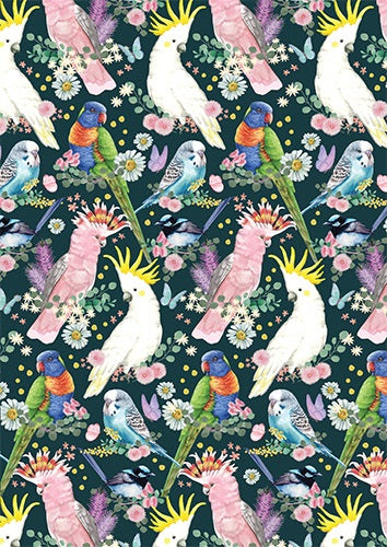 Deep green folded gift wrap with white cockatoos, pink parrots, rainbow lorikeets, blue budgies and flowers