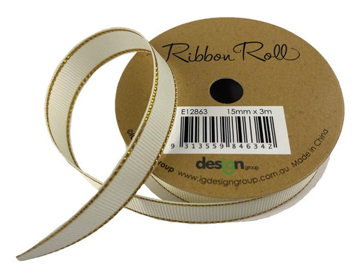 White ribbon with gold-coloured glitter edges on a gold-coloured spool, labelled E12863 15mm x 3m