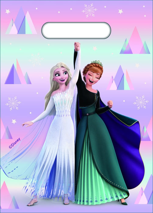 Disney Frozen loot bag featuring Elsa and Anna on a pastel pink, purple and mint background with snowflakes and mountains
