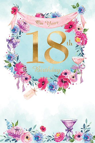18th birthday card with a large gold-coloured 18, pink banner, colourful flowers and cocktail-glass illustrations on a pale aqua background