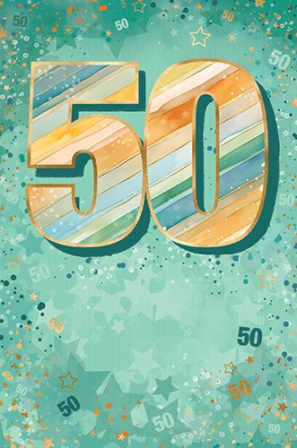 50th birthday card with a large gold-coloured, cream and teal striped number 50 on a teal background with stars and confetti