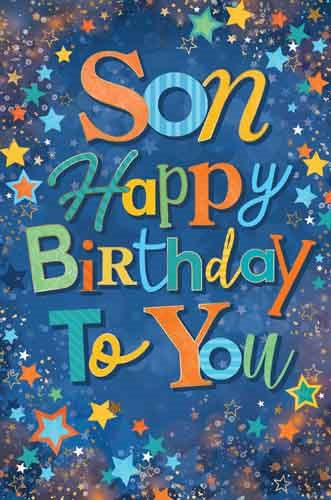 Son Happy Birthday To You card with multicoloured lettering and stars on a deep blue background