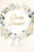 Baby Shower card with gold-coloured script inside a pale floral and green foliage wreath, finished with a white bow on a cream background