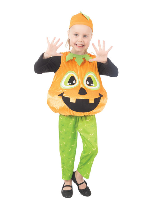 Child posing in orange padded pumpkin tabard, printed green leggings and plush pumpkin hat; undershirt and shoes not included