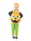 Front view of plush pumpkin toddler costume with orange pumpkin-face tabard, green leggings and matching stalk hat