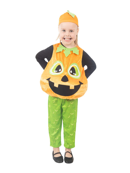 Front view of plush pumpkin toddler costume with orange pumpkin-face tabard, green leggings and matching stalk hat