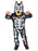 Child posing in Bluey Halloween jumpsuit with bones, pumpkins and character print and Bluey mask