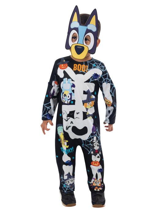 Front view of Bluey Halloween toddler costume with black printed skeleton jumpsuit and Bluey face mask