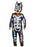 Front view of Bluey Halloween toddler costume with black printed skeleton jumpsuit and Bluey face mask