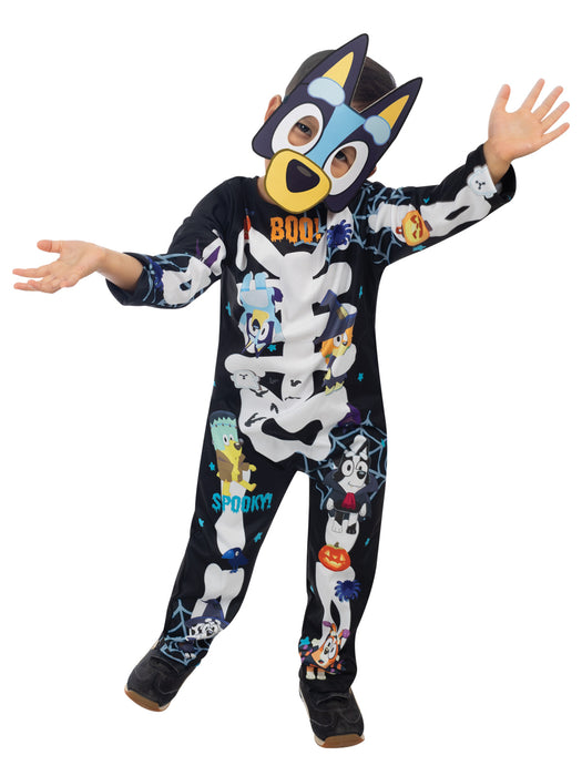 Bluey Halloween toddler costume shown in playful pose with printed jumpsuit and Bluey mask