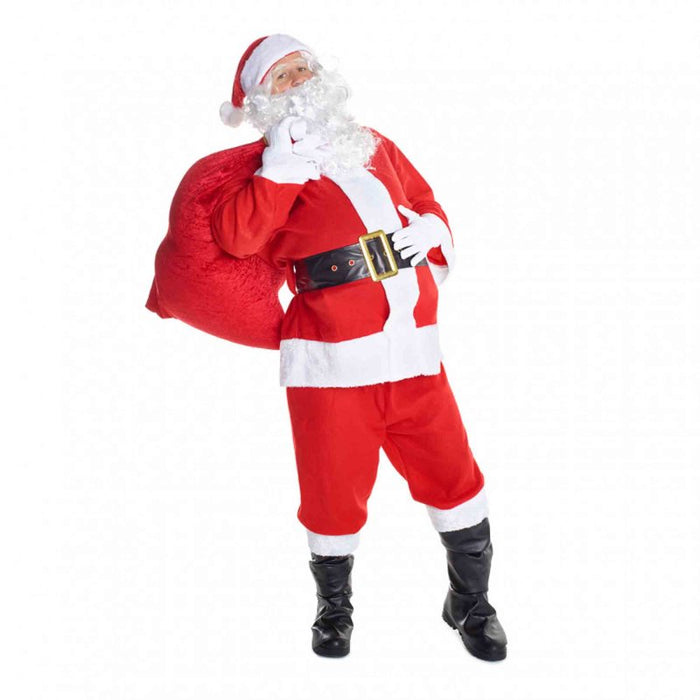 Men’s red and white Santa suit with hat, beard, belt and black boot covers, shown with sack and gloves not included