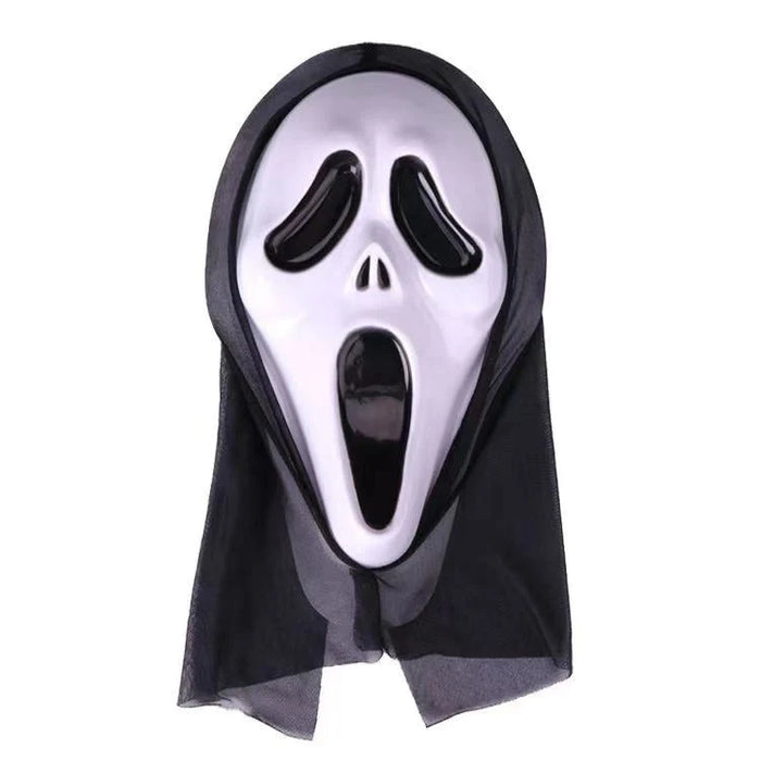 Adult Screamer Mask with pale elongated face, black eyes and screaming mouth, framed by black fabric