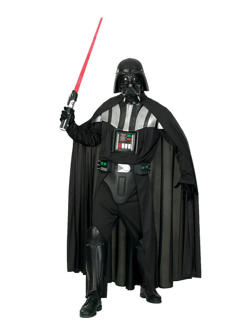 Full-length black Darth Vader deluxe adult costume with mask, cape, belt and boot tops; lightsaber and shoes not included