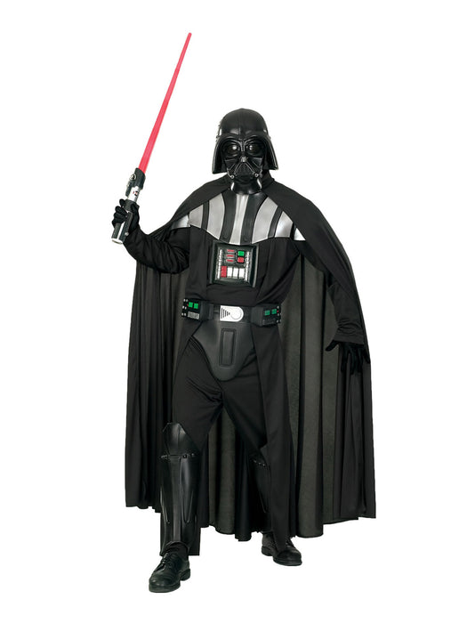 Full-length black Darth Vader deluxe adult costume with mask, cape, belt and boot tops; lightsaber and shoes not included